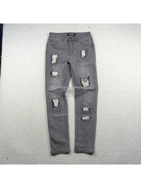Joseph Ribkoff Dark Gray Distressed Patchwork Rhinestone Jeans Grunge Alt Read